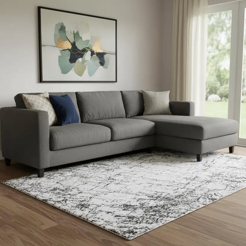 Black And Ivory Abstract Washable Area Rug With UV Protection Photo 1