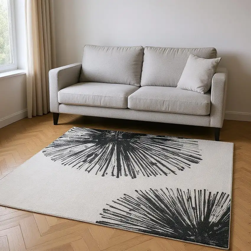 Black And Ivory Abstract Washable Area Rug With UV Protection Photo 2