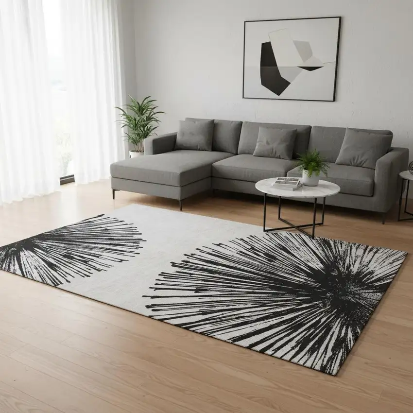 Black And Ivory Abstract Washable Area Rug With UV Protection Photo 2