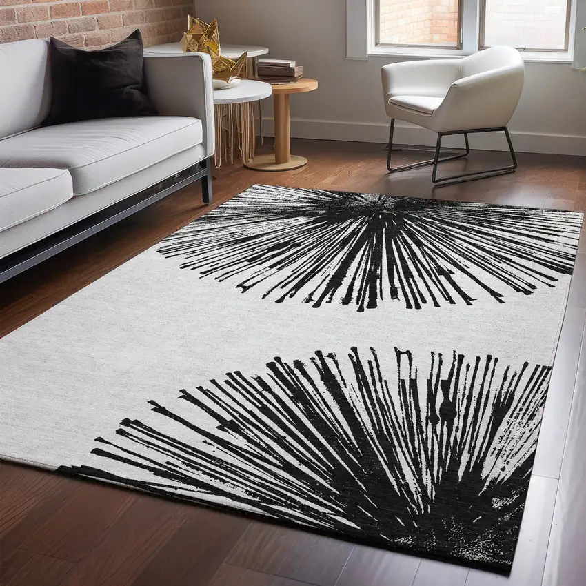 Black And Ivory Abstract Washable Area Rug With UV Protection Photo 3