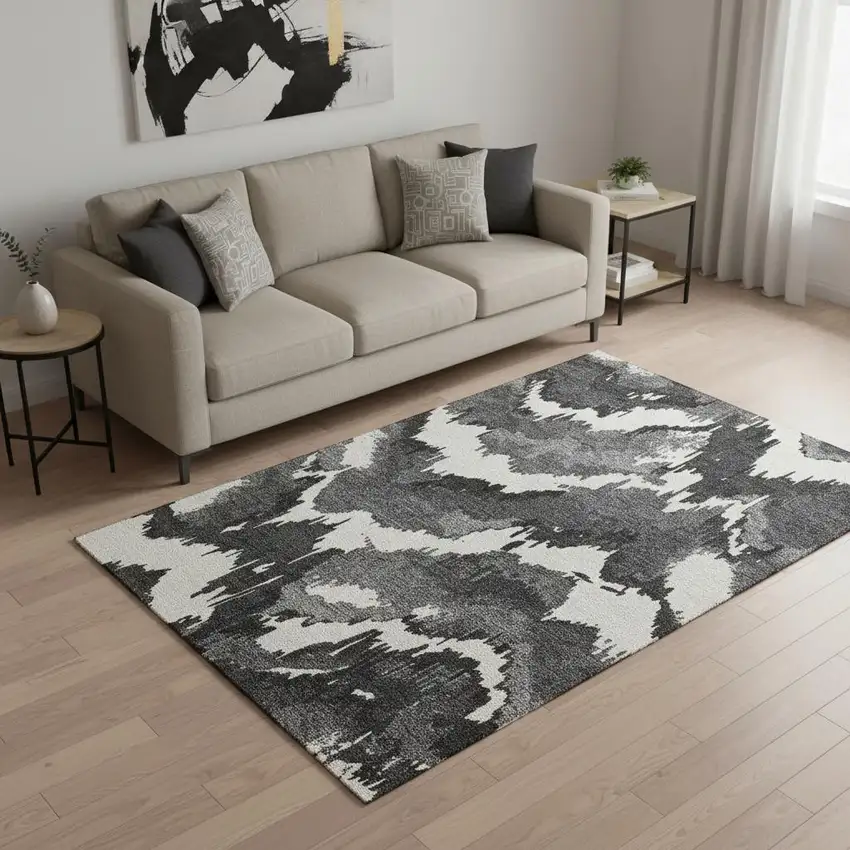 Black And Ivory Abstract Washable Area Rug With UV Protection Photo 1