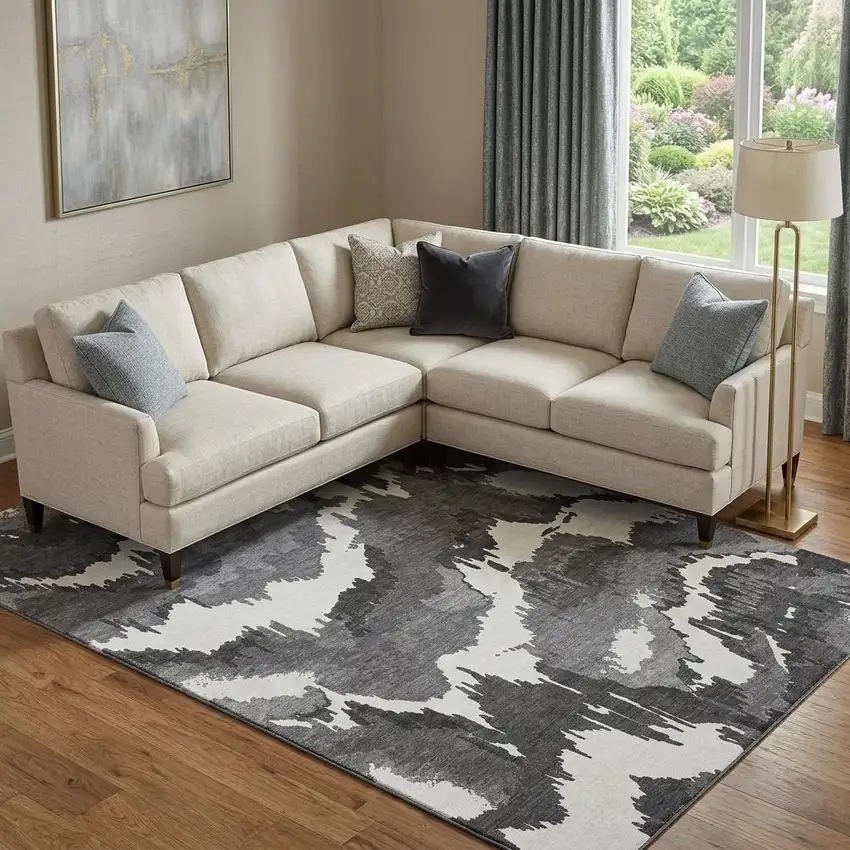 Black And Ivory Abstract Washable Area Rug With UV Protection Photo 1