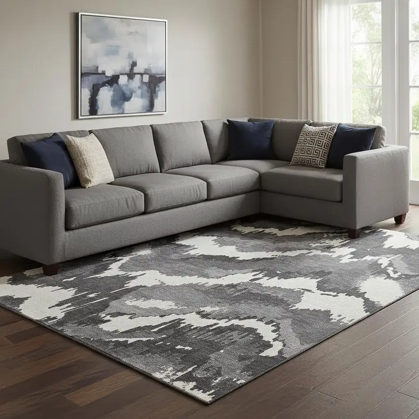 Black And Ivory Abstract Washable Area Rug With UV Protection Photo 1