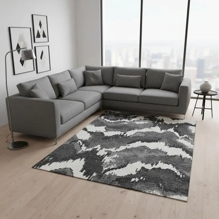 Black And Ivory Abstract Washable Area Rug With UV Protection Photo 1