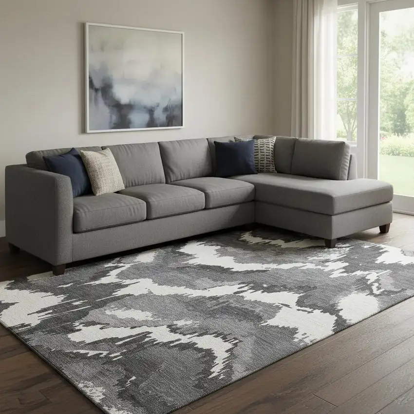 Black And Ivory Abstract Washable Area Rug With UV Protection Photo 1