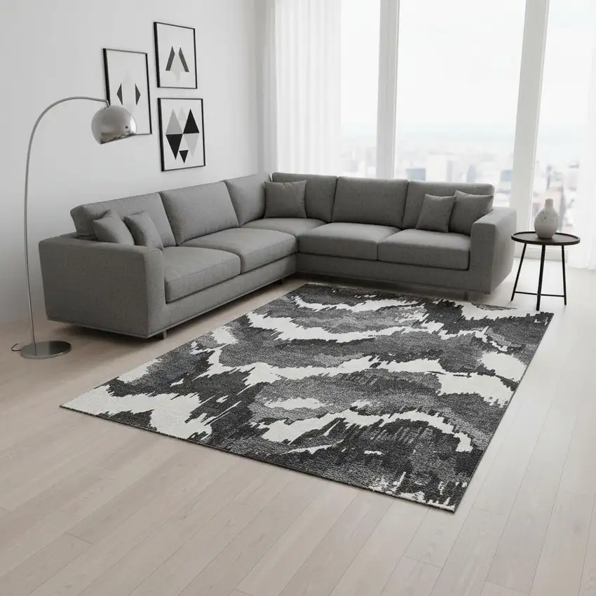 Black And Ivory Abstract Washable Area Rug With UV Protection Photo 1
