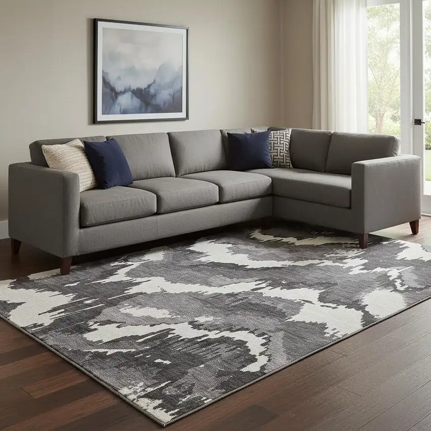 Black And Ivory Abstract Washable Area Rug With UV Protection Photo 1