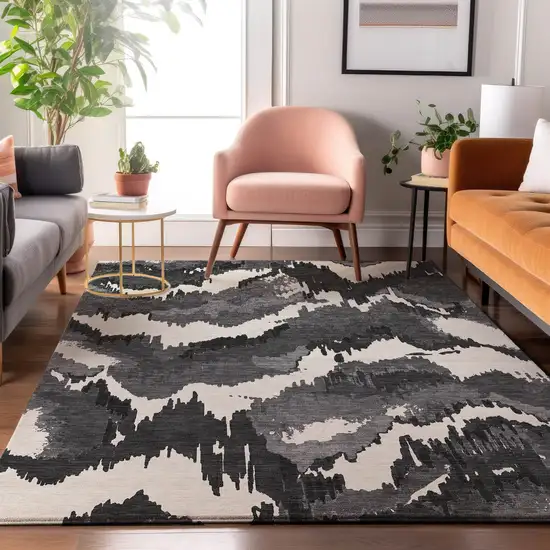 Black And Ivory Abstract Washable Area Rug With UV Protection Photo 4