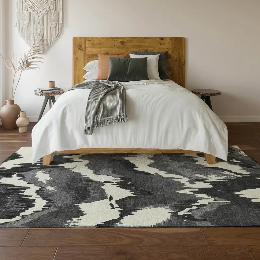 Black And Ivory Abstract Washable Area Rug With UV Protection Photo 5
