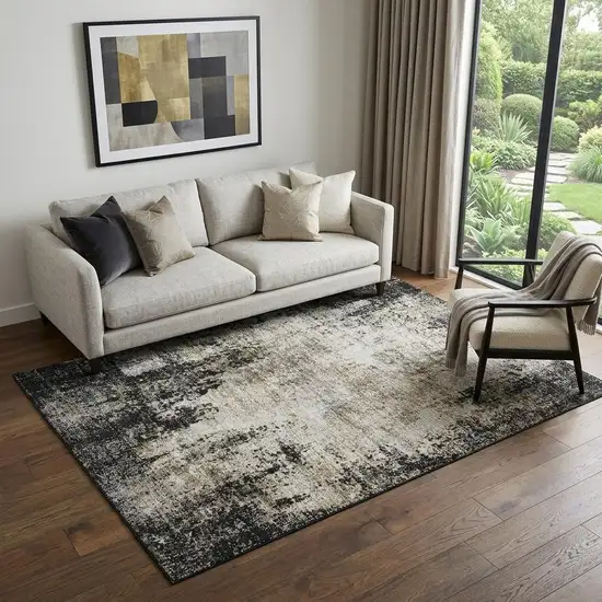 Black And Ivory Abstract Washable Area Rug With UV Protection Photo 1