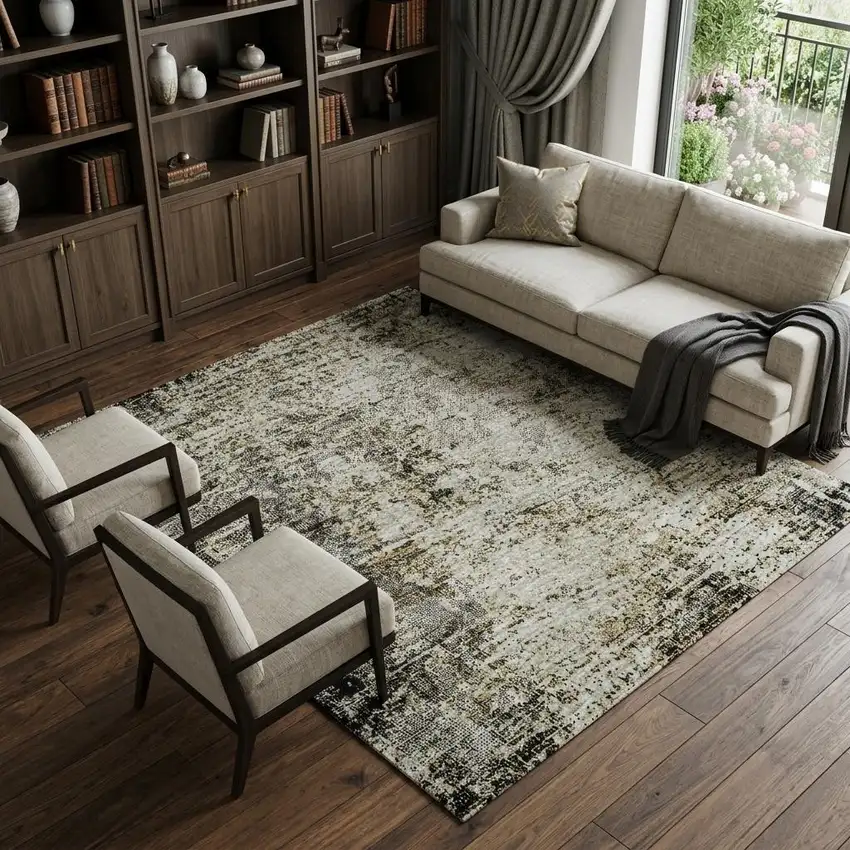 Black And Ivory Abstract Washable Area Rug With UV Protection Photo 1