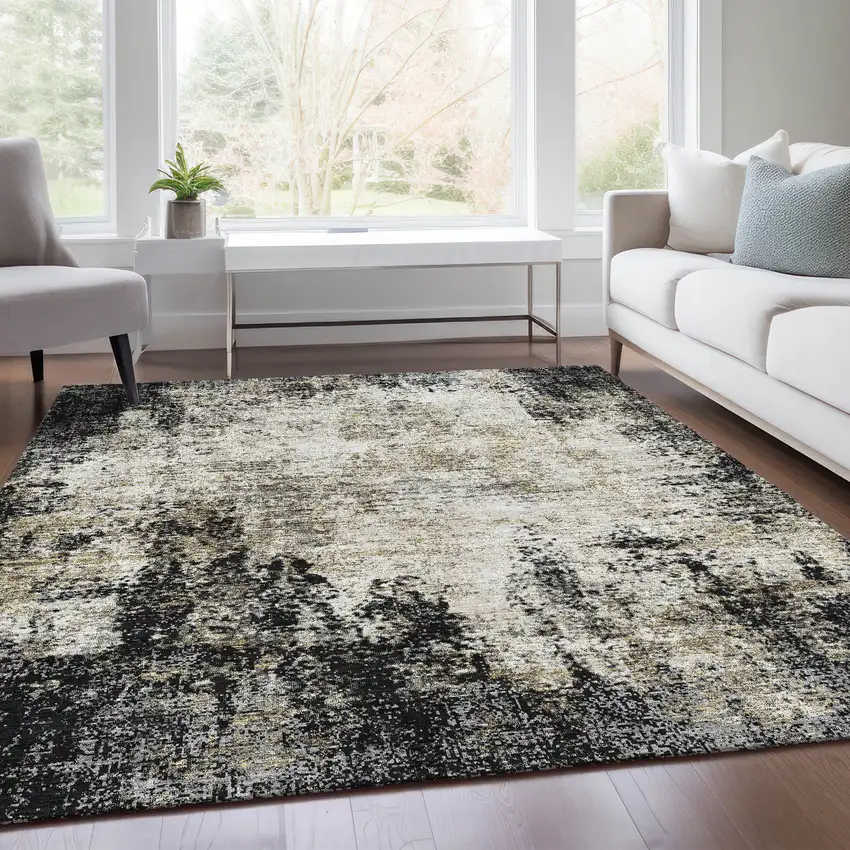 Black And Ivory Abstract Washable Area Rug With UV Protection Photo 5
