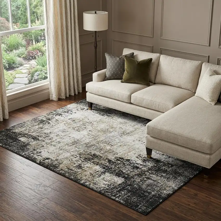 Black And Ivory Abstract Washable Area Rug With UV Protection Photo 1