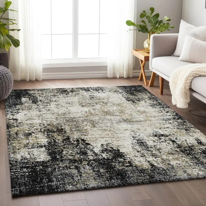 Black And Ivory Abstract Washable Area Rug With UV Protection Photo 4