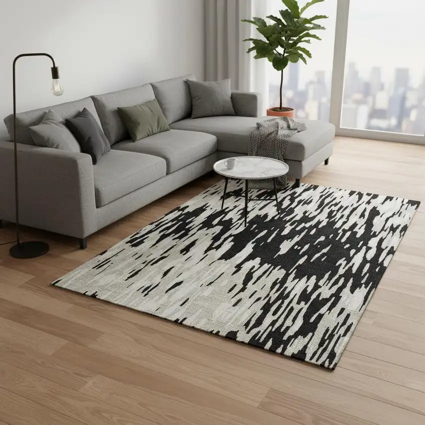 Black And Ivory Abstract Washable Area Rug With UV Protection Photo 2