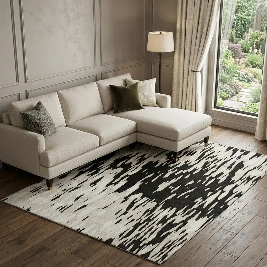 Black And Ivory Abstract Washable Area Rug With UV Protection Photo 1