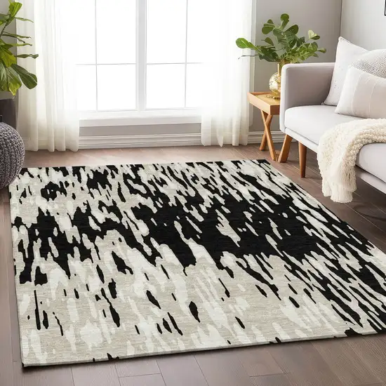 Black And Ivory Abstract Washable Area Rug With UV Protection Photo 3