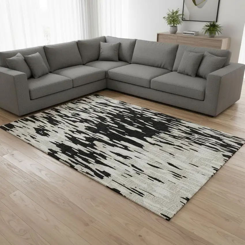 Black And Ivory Abstract Washable Area Rug With UV Protection Photo 2