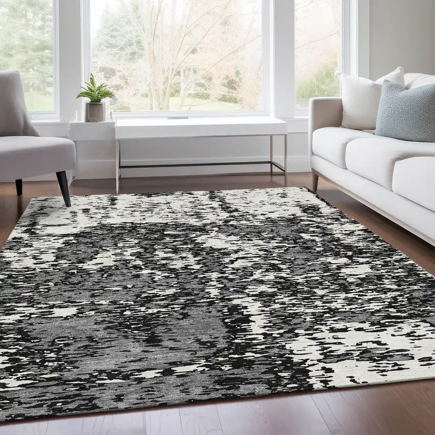 Black And Ivory Abstract Washable Area Rug With UV Protection Photo 5