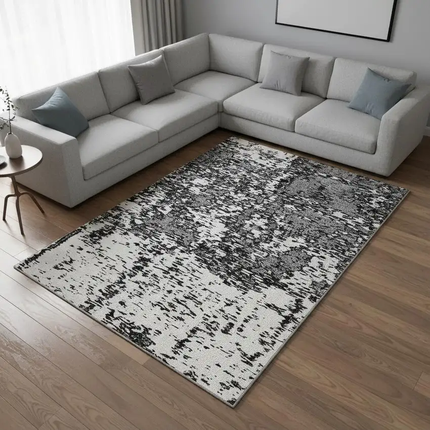 Black And Ivory Abstract Washable Area Rug With UV Protection Photo 2