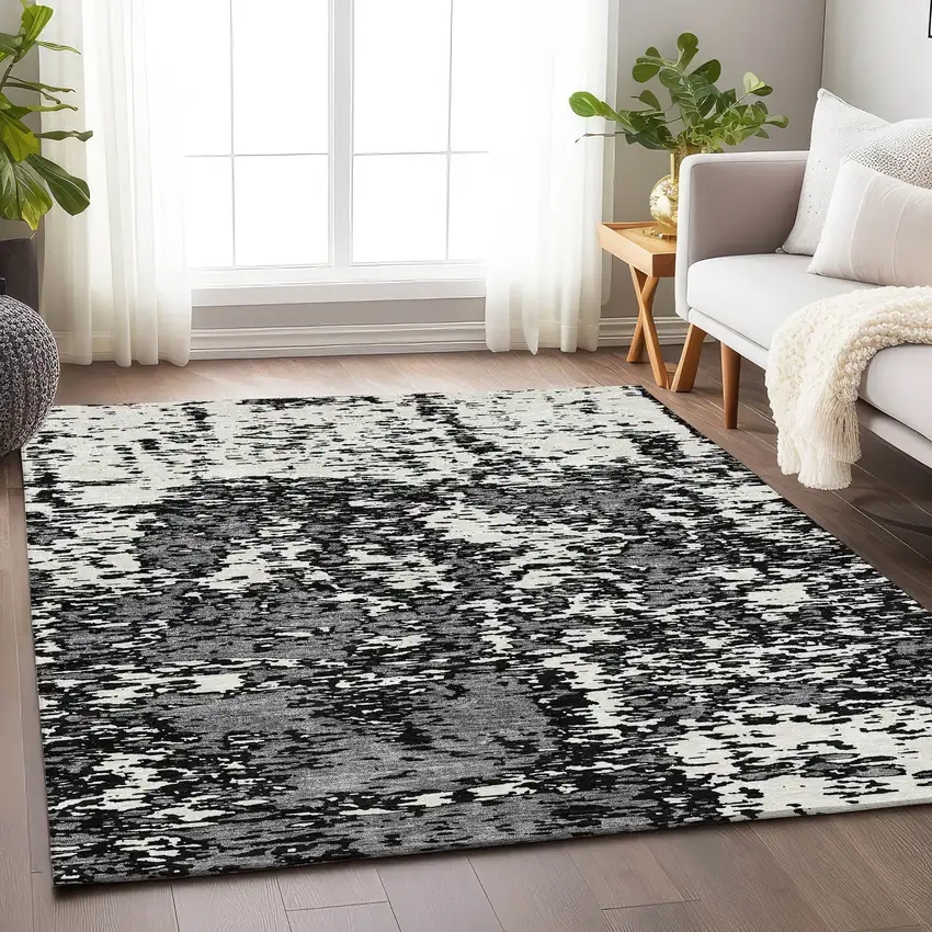 Black And Ivory Abstract Washable Area Rug With UV Protection Photo 4