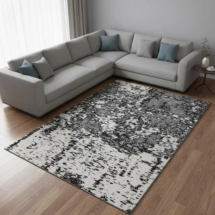 Black And Ivory Abstract Washable Area Rug With UV Protection Photo 2