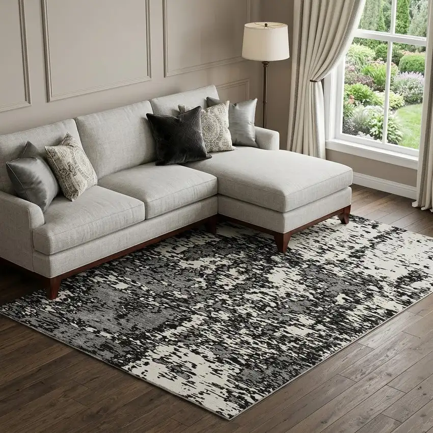 Black And Ivory Abstract Washable Area Rug With UV Protection Photo 1