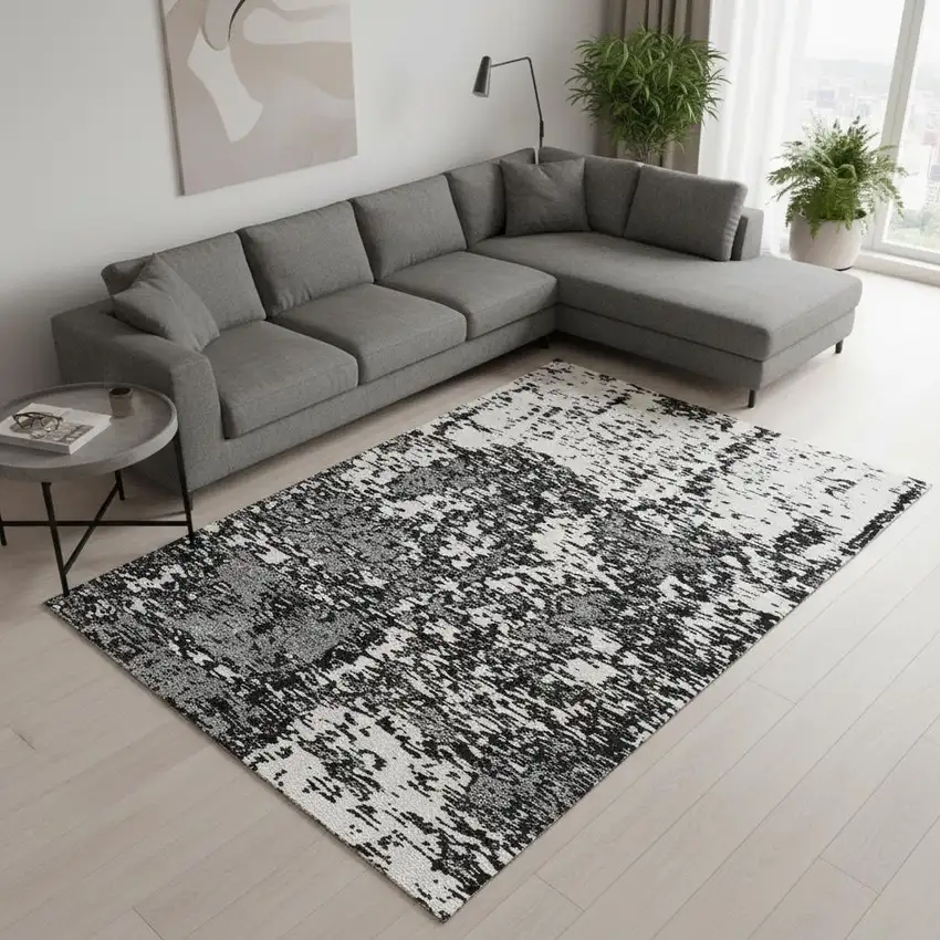 Black And Ivory Abstract Washable Area Rug With UV Protection Photo 2