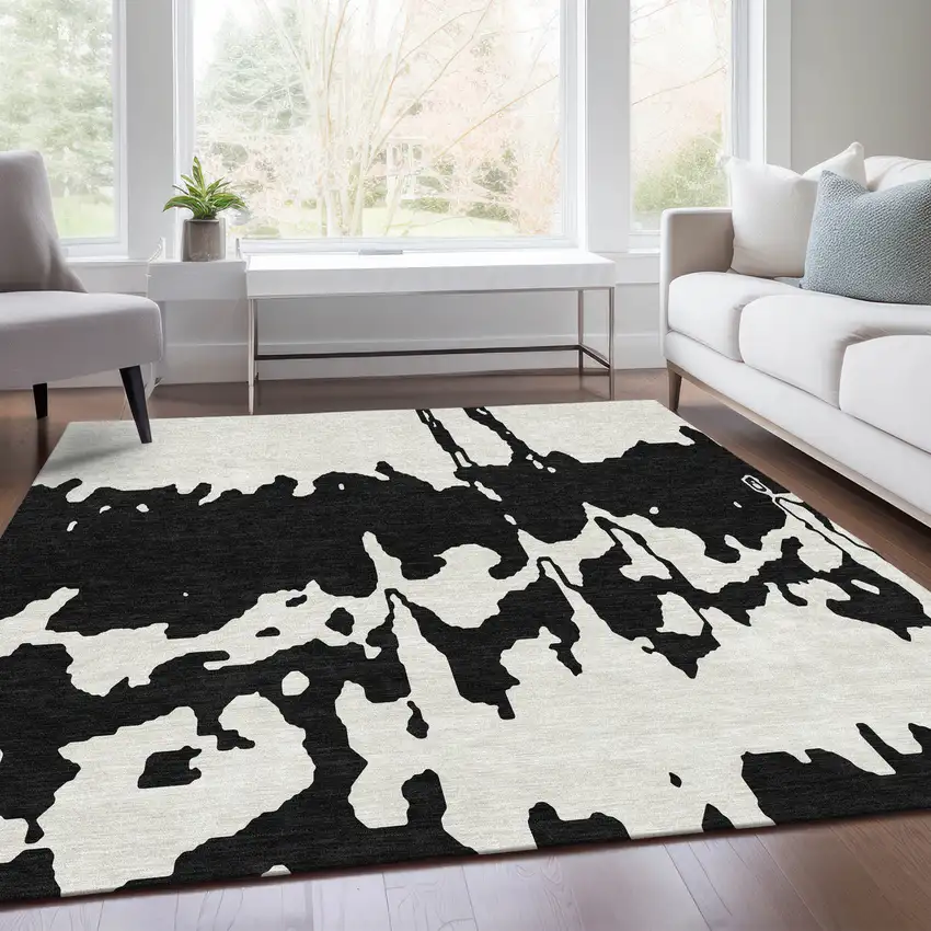 Black And Ivory Abstract Washable Area Rug With UV Protection Photo 4