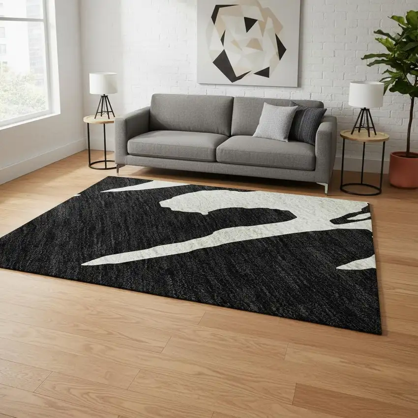 Black And Ivory Abstract Washable Area Rug With UV Protection Photo 2