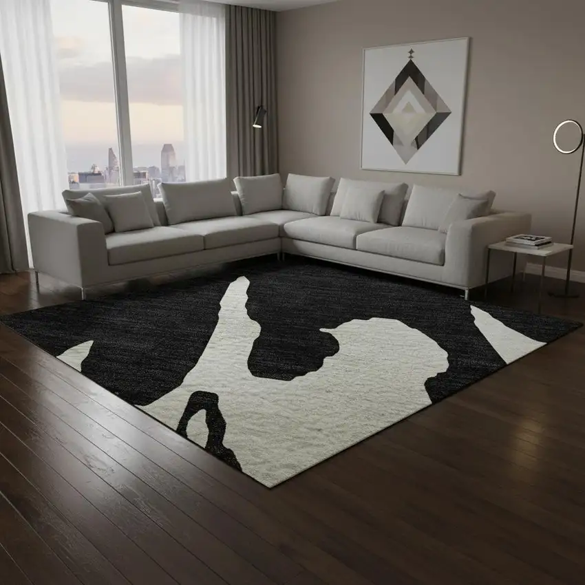 Black And Ivory Abstract Washable Area Rug With UV Protection Photo 2