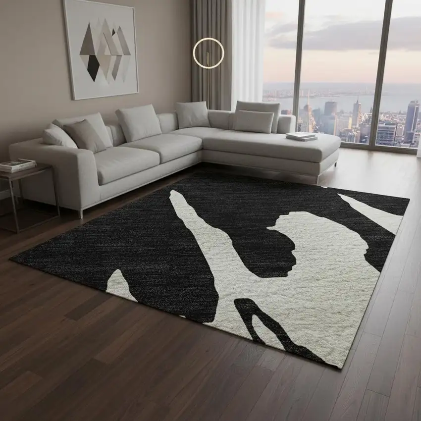 Black And Ivory Abstract Washable Area Rug With UV Protection Photo 2