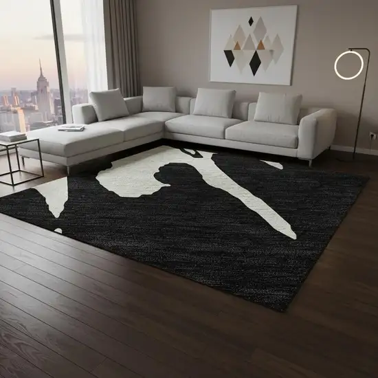 Black And Ivory Abstract Washable Area Rug With UV Protection Photo 2