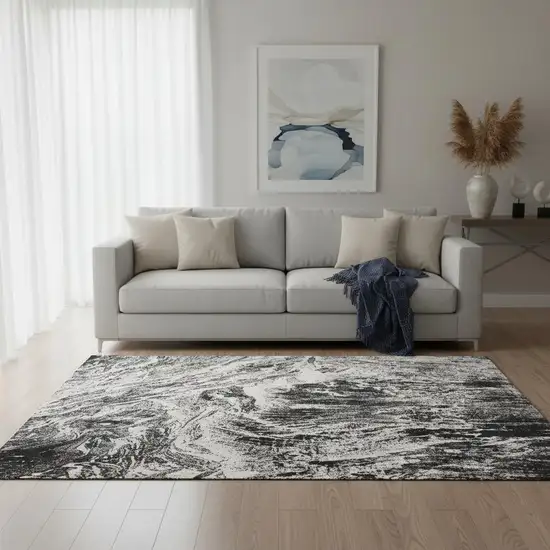 Black And Ivory Abstract Washable Area Rug With UV Protection Photo 2