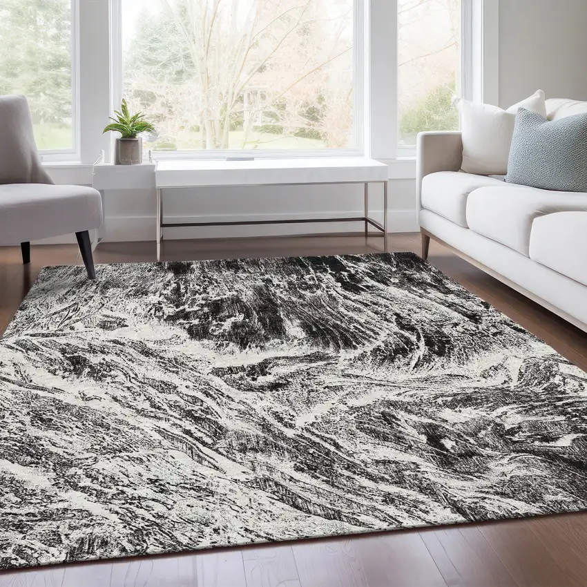 Black And Ivory Abstract Washable Area Rug With UV Protection Photo 5