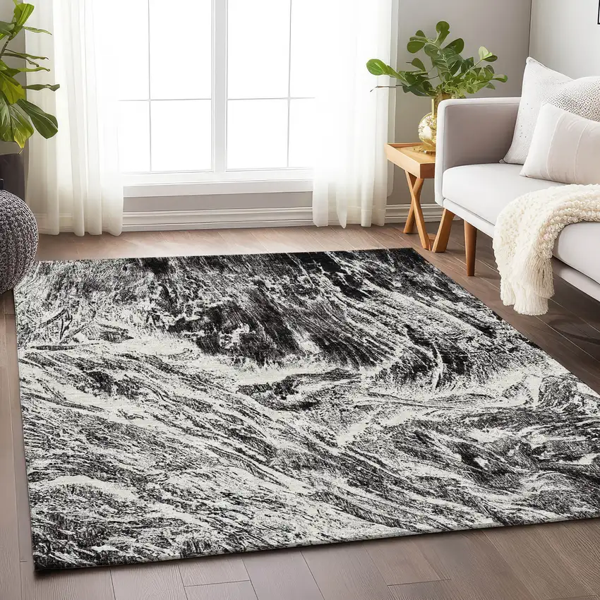 Black And Ivory Abstract Washable Area Rug With UV Protection Photo 4
