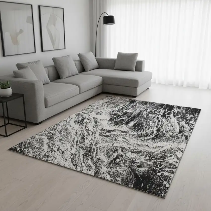 Black And Ivory Abstract Washable Area Rug With UV Protection Photo 2