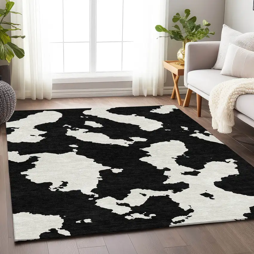 Black And Ivory Abstract Washable Area Rug With UV Protection Photo 4