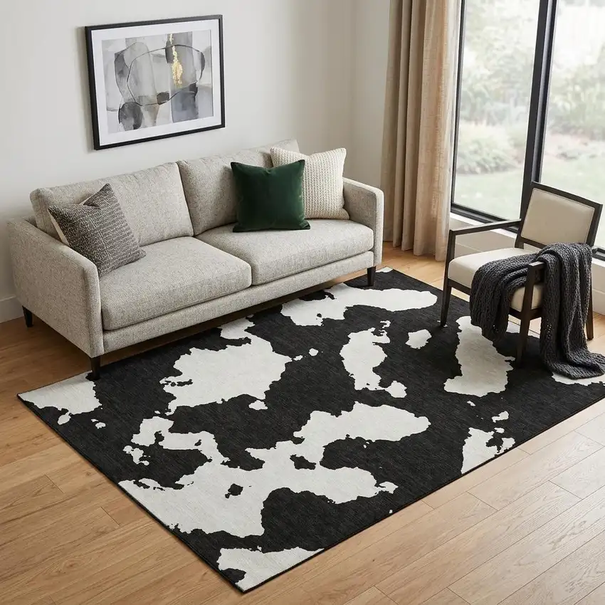 Black And Ivory Abstract Washable Area Rug With UV Protection Photo 1