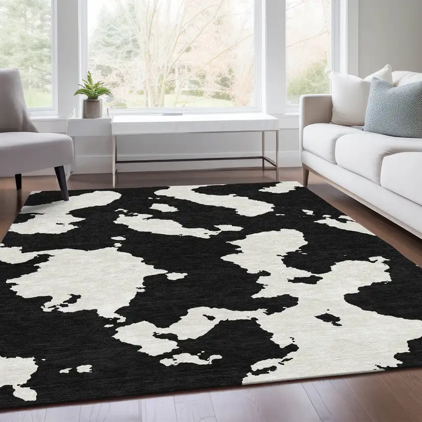 Black And Ivory Abstract Washable Area Rug With UV Protection Photo 5