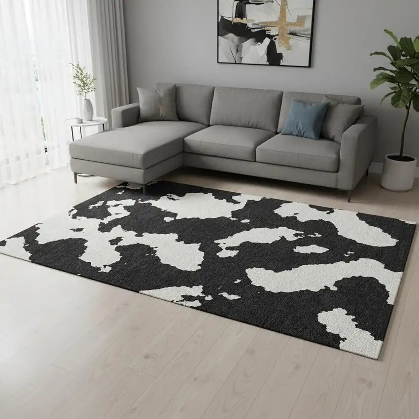 Black And Ivory Abstract Washable Area Rug With UV Protection Photo 2
