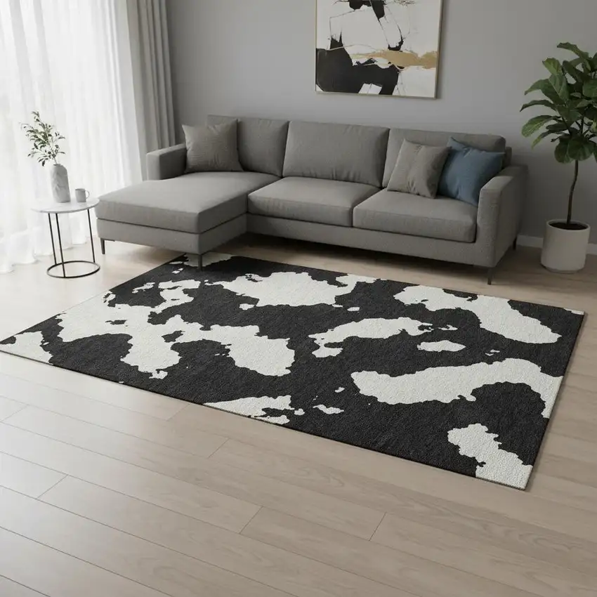Black And Ivory Abstract Washable Area Rug With UV Protection Photo 2