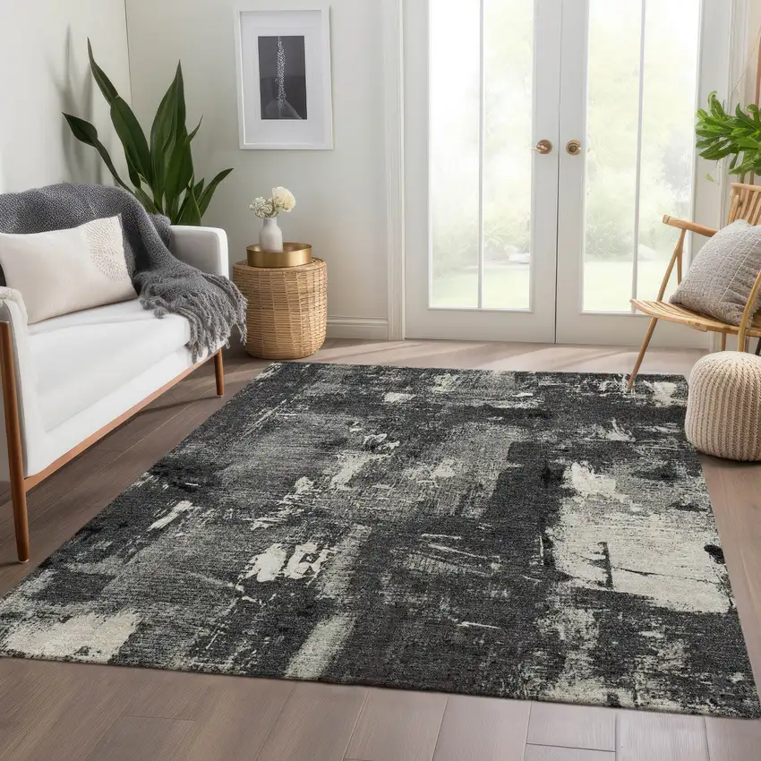 Black And Ivory Abstract Washable Area Rug With UV Protection Photo 5