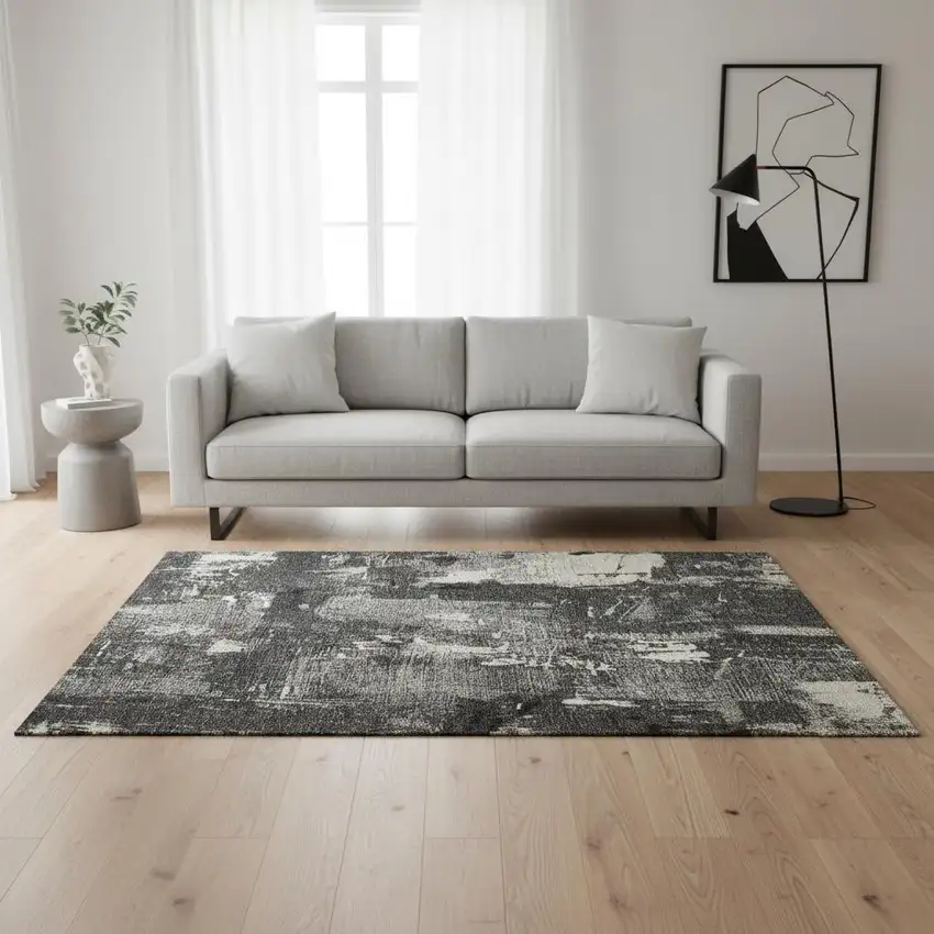 Black And Ivory Abstract Washable Area Rug With UV Protection Photo 2