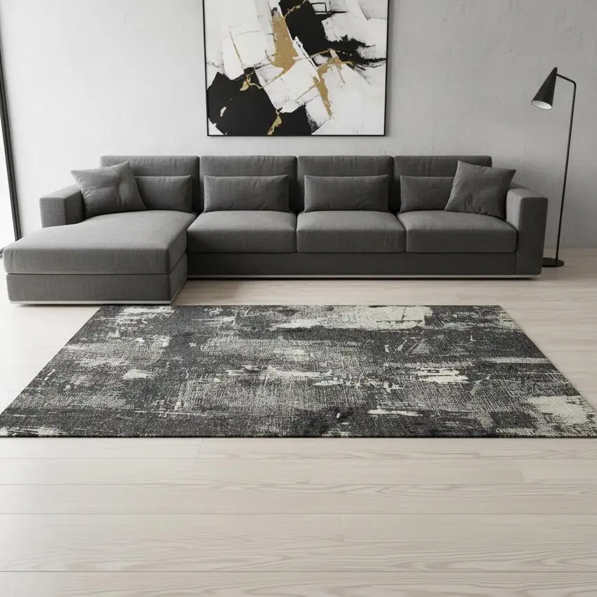 Black And Ivory Abstract Washable Area Rug With UV Protection Photo 2