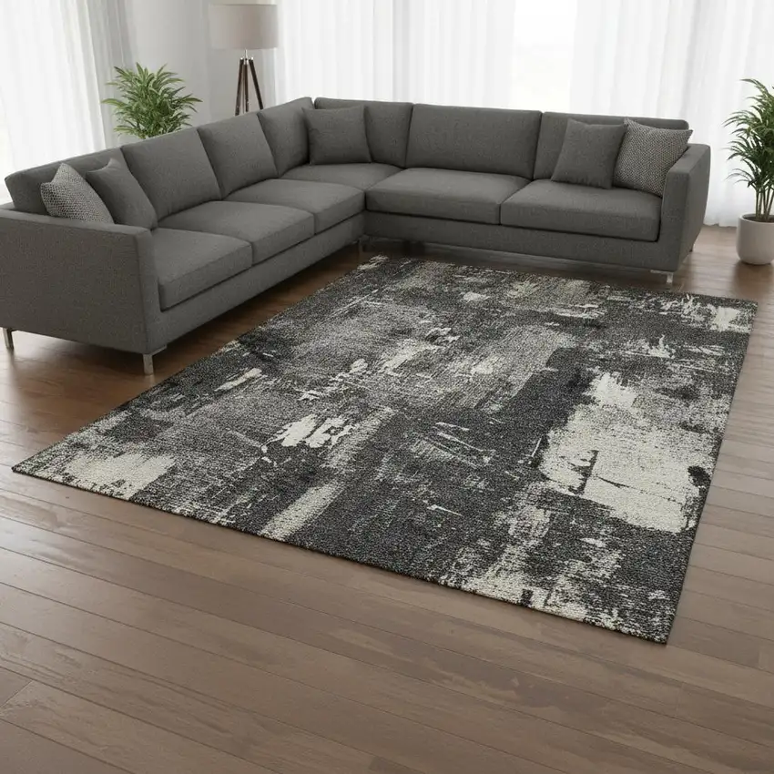 Black And Ivory Abstract Washable Area Rug With UV Protection Photo 2