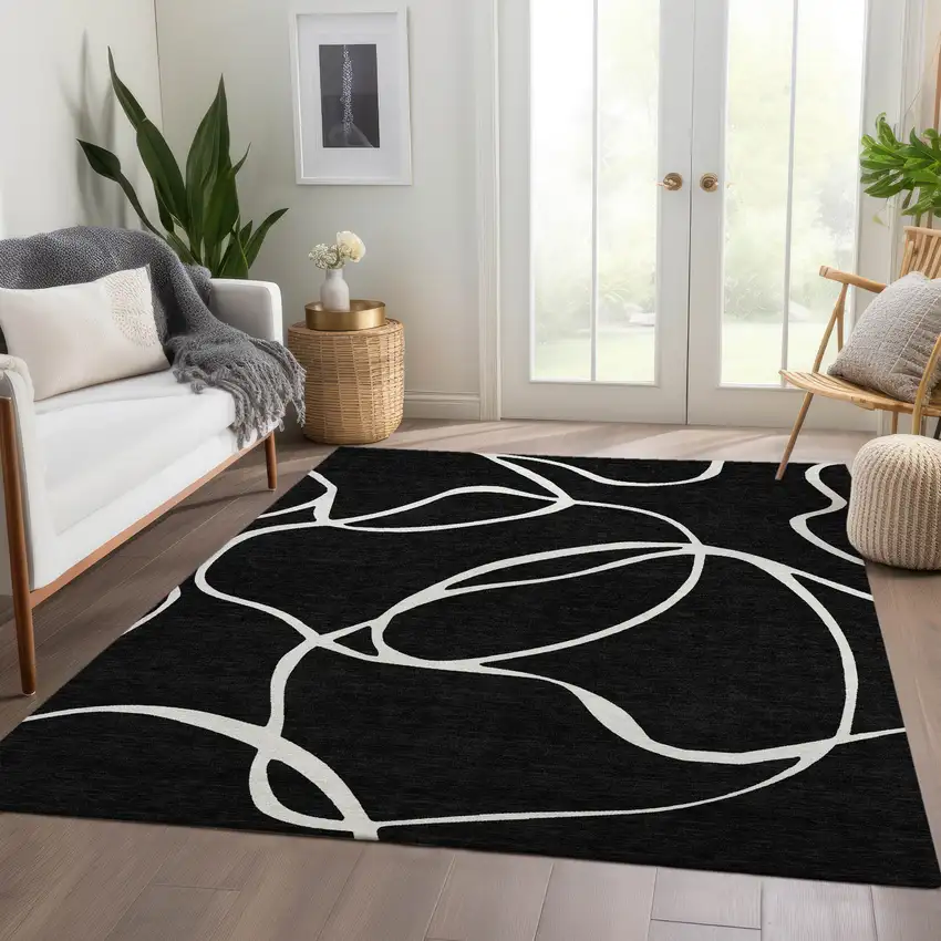 Black And Ivory Abstract Washable Area Rug With UV Protection Photo 5