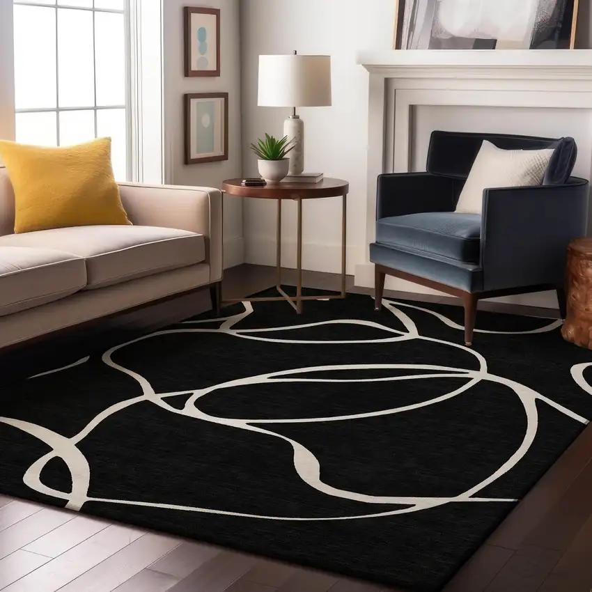 Black And Ivory Abstract Washable Area Rug With UV Protection Photo 4