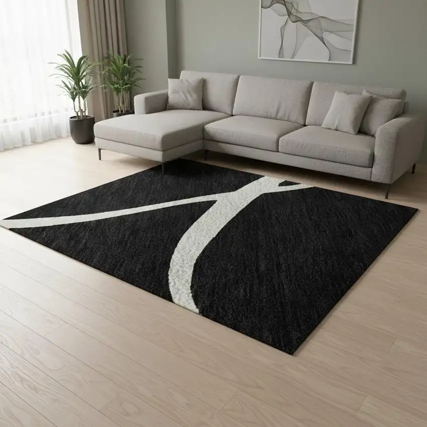 Black And Ivory Abstract Washable Area Rug With UV Protection Photo 2