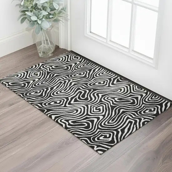 Black And Ivory Abstract Washable Area Rug With UV Protection Photo 2
